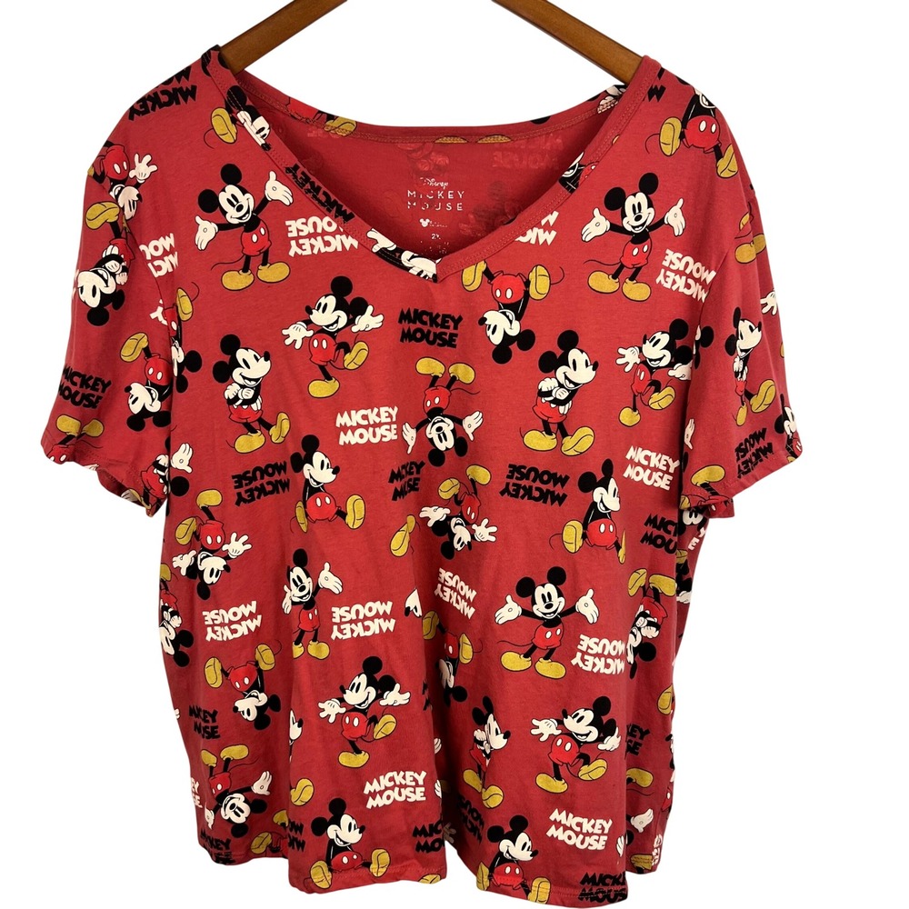 Disney Mickey Mouse Red All Over Print Top Womens Size 2X Tee Kidcore Cartoons